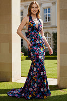 Load image into Gallery viewer, Floral Black Halter Neck Mermaid Long Prom Dress with Bow