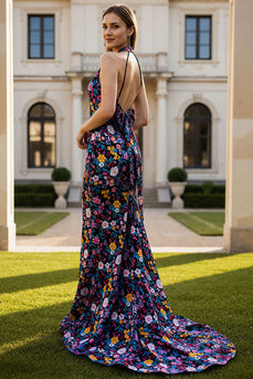 Floral Black Halter Neck Mermaid Long Prom Dress with Bow