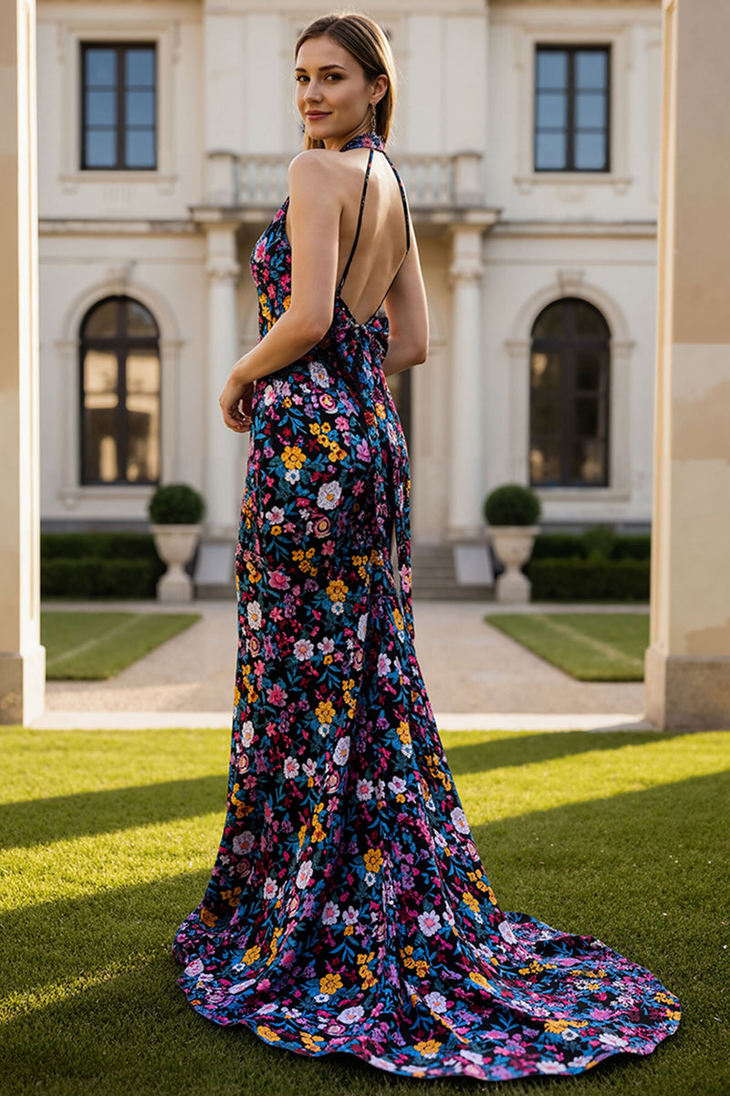 Load image into Gallery viewer, Floral Black Halter Neck Mermaid Long Prom Dress with Bow