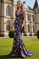 Load image into Gallery viewer, Floral Black Halter Neck Mermaid Long Prom Dress with Bow