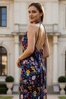 Load image into Gallery viewer, Floral Black Halter Neck Mermaid Long Prom Dress with Bow