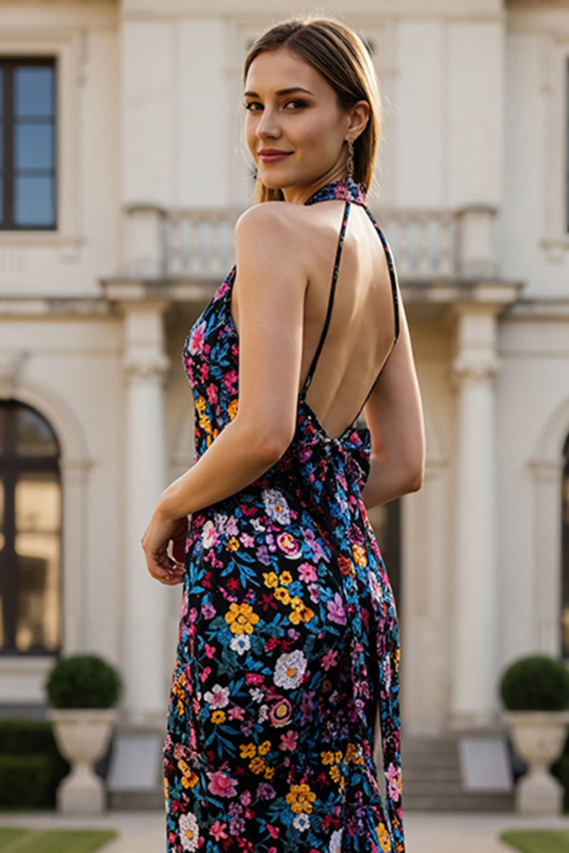 Load image into Gallery viewer, Floral Black Halter Neck Mermaid Long Prom Dress with Bow