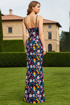 Black Floral Detachable Spaghetti Straps Mermaid Long Prom Dress