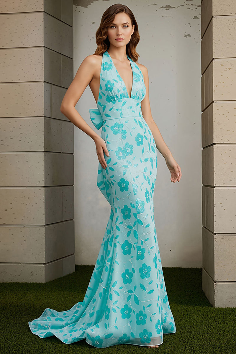 Load image into Gallery viewer, Green Floral Halter Neck Mermaid Long Prom Dress with Bow