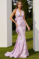 Load image into Gallery viewer, Lilac Floral Mermaid Halter Neck Long Prom Dress with Bow
