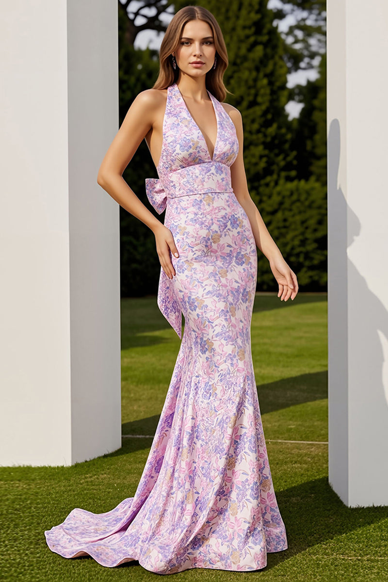 Load image into Gallery viewer, Lilac Floral Mermaid Halter Neck Long Prom Dress with Bow