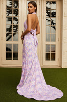 Load image into Gallery viewer, Lilac Floral Mermaid Halter Neck Long Prom Dress with Bow