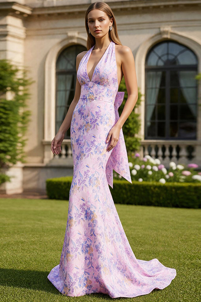 Load image into Gallery viewer, Lilac Floral Mermaid Halter Neck Long Prom Dress with Bow
