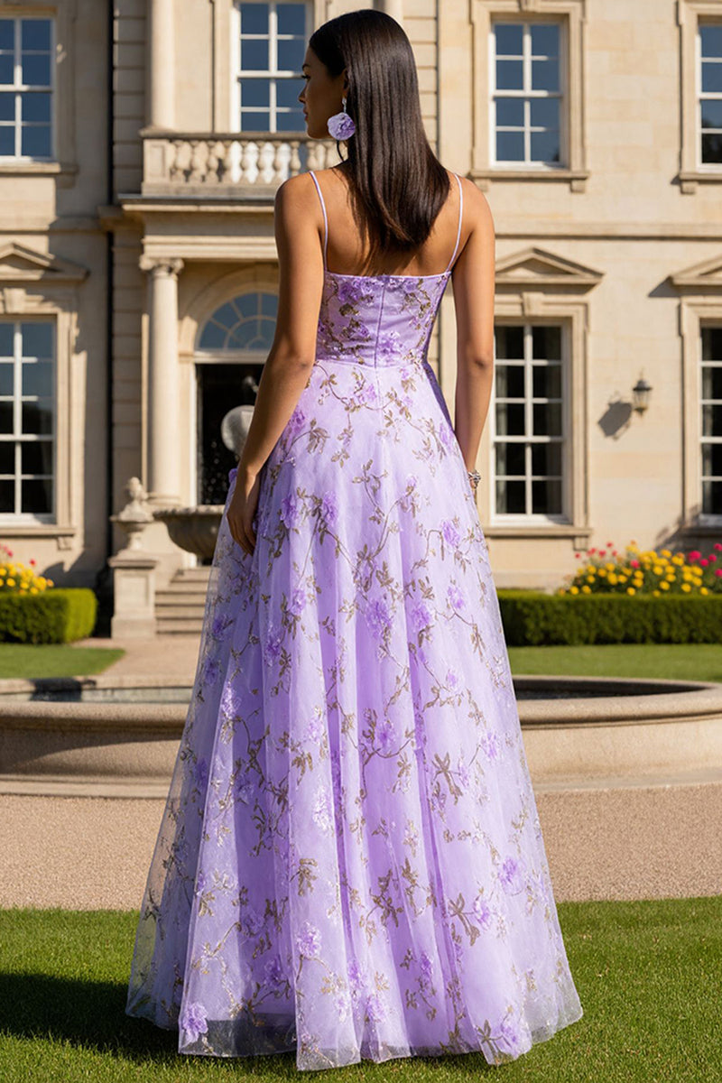 Load image into Gallery viewer, Lilac Floral Spaghetti Straps Long Prom Dress with 3D Flowers