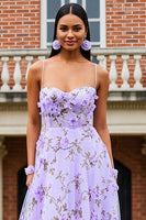 Load image into Gallery viewer, Lilac Floral Spaghetti Straps Long Prom Dress with 3D Flowers
