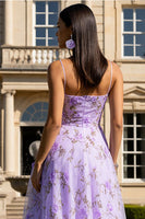 Load image into Gallery viewer, Lilac Floral Spaghetti Straps Long Prom Dress with 3D Flowers