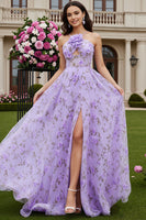 Load image into Gallery viewer, Lilac Floral Keyhole A Line Long Prom Dress with 3D Flower