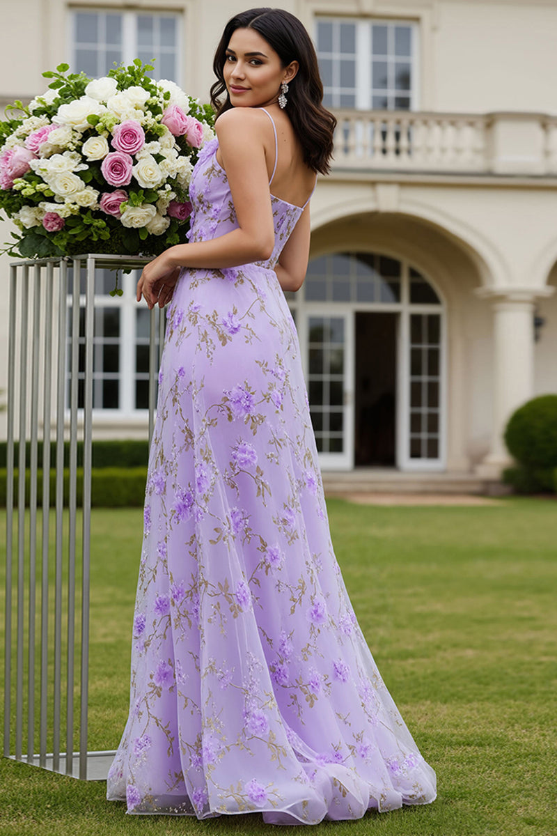 Load image into Gallery viewer, Lilac Floral Keyhole A Line Long Prom Dress with 3D Flower