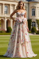 Load image into Gallery viewer, Ivory Floral Spaghetti Straps Long Corset Prom Dress with Bow