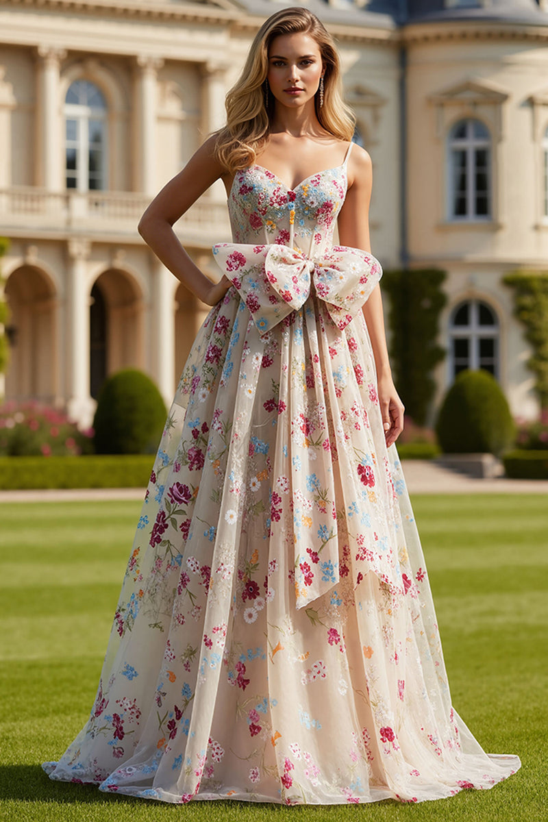 Load image into Gallery viewer, Ivory Floral Spaghetti Straps Long Corset Prom Dress with Bow