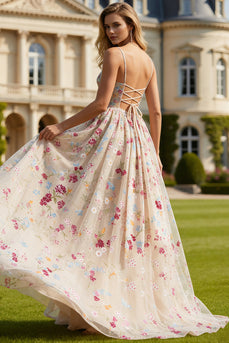 Ivory Floral Spaghetti Straps Long Corset Prom Dress with Bow