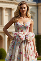 Load image into Gallery viewer, Ivory Floral Spaghetti Straps Long Corset Prom Dress with Bow