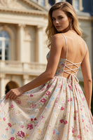 Load image into Gallery viewer, Ivory Floral Spaghetti Straps Long Corset Prom Dress with Bow
