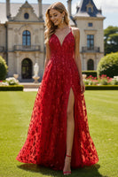 Load image into Gallery viewer, Sparkly Red Floral V Neck A Line Long Prom Dress with Slit