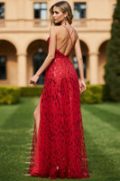 Load image into Gallery viewer, Sparkly Red Floral V Neck A Line Long Prom Dress with Slit
