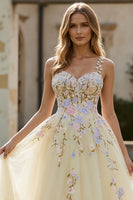 Load image into Gallery viewer, Daffodil Floral Spaghetti Straps A Line Long Corset Prom Dress