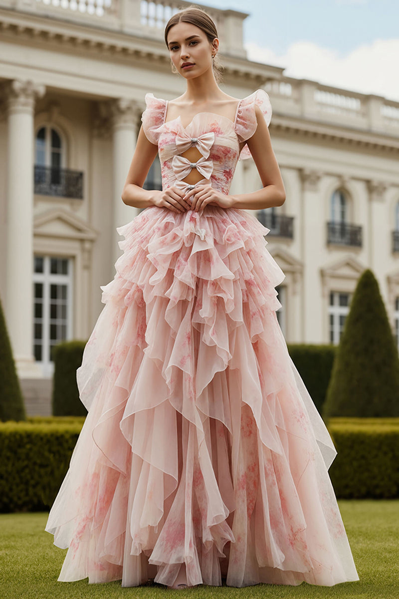 Load image into Gallery viewer, Blush Floral Square Neck Ruffled A Line Long Prom Dress with Keyhole