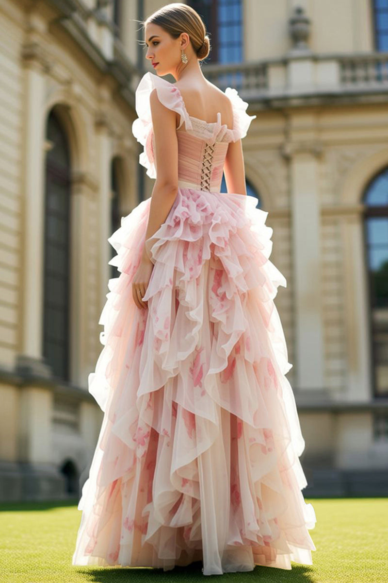 Load image into Gallery viewer, Blush Floral Square Neck Ruffled A Line Long Prom Dress with Keyhole