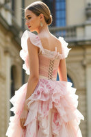 Load image into Gallery viewer, Blush Floral Square Neck Ruffled A Line Long Prom Dress with Keyhole