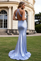 Load image into Gallery viewer, Sparkly Light Blue Beaded Halter Mermaid Long Prom Dress