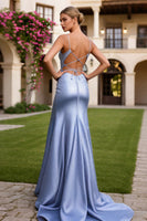 Load image into Gallery viewer, Sparkly Light Blue Spaghetti Straps Sheath Long Corset Prom Dress with Slit