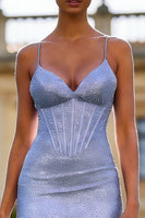 Load image into Gallery viewer, Sparkly Light Blue Spaghetti Straps Sheath Long Corset Prom Dress with Slit