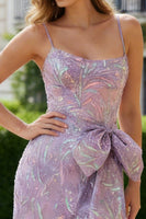 Load image into Gallery viewer, Sparkly Purple Sequin Spaghetti Straps Sheath Long Prom Dress with Bow