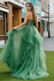 Sparkly Dark Green Spaghetti Straps Ruffled Long Prom Dress with Beading