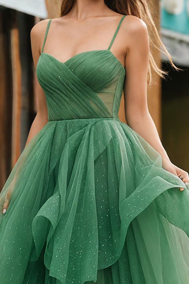 Load image into Gallery viewer, Sparkly Dark Green Spaghetti Straps Ruffled Long Prom Dress with Beading
