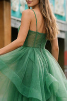 Load image into Gallery viewer, Sparkly Dark Green Spaghetti Straps Ruffled Long Prom Dress with Beading