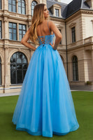 Load image into Gallery viewer, Sparkly Blue Tulle Spaghetti Straps A Line Long Prom Dress with Slit