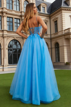 Sparkly Blue Tulle Spaghetti Straps A Line Long Prom Dress with Slit