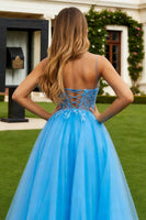 Load image into Gallery viewer, Sparkly Blue Tulle Spaghetti Straps A Line Long Prom Dress with Slit