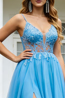Load image into Gallery viewer, Sparkly Blue Tulle Spaghetti Straps A Line Long Prom Dress with Slit