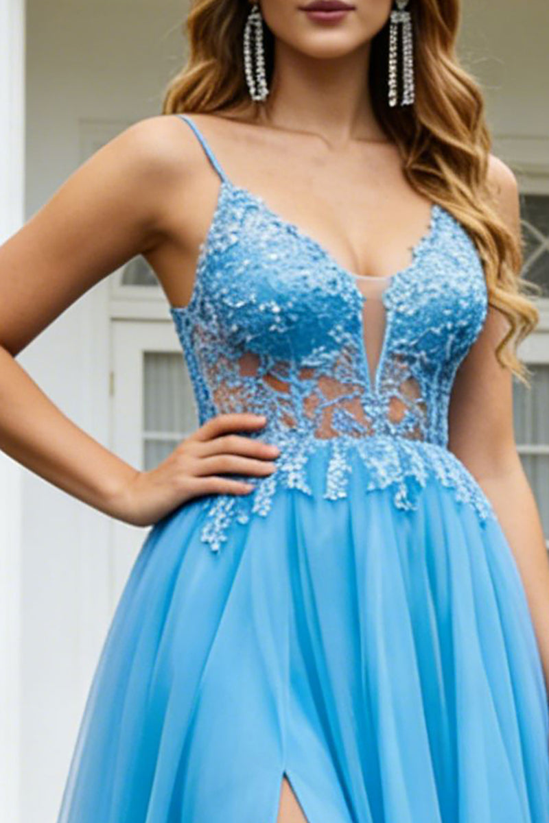 Load image into Gallery viewer, Sparkly Blue Tulle Spaghetti Straps A Line Long Prom Dress with Slit