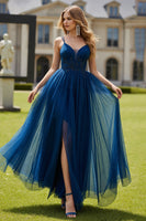 Load image into Gallery viewer, Sparkly Navy Spaghetti Straps Appliqued Long Prom Dress with Beading