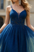 Load image into Gallery viewer, Sparkly Navy Spaghetti Straps Appliqued Long Prom Dress with Beading