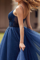 Load image into Gallery viewer, Sparkly Navy Spaghetti Straps Appliqued Long Prom Dress with Beading