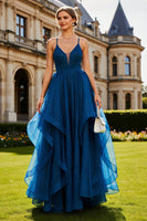 Load image into Gallery viewer, Sparkly Navy Beaded Spaghetti Straps Long Prom Dress with Ruffles