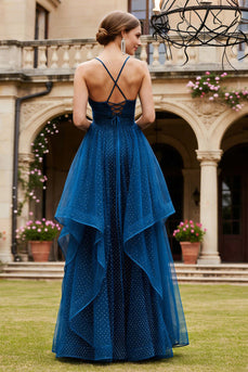 Sparkly Navy Beaded Spaghetti Straps Long Prom Dress with Ruffles