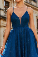 Load image into Gallery viewer, Sparkly Navy Beaded Spaghetti Straps Long Prom Dress with Ruffles
