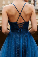 Load image into Gallery viewer, Sparkly Navy Beaded Spaghetti Straps Long Prom Dress with Ruffles