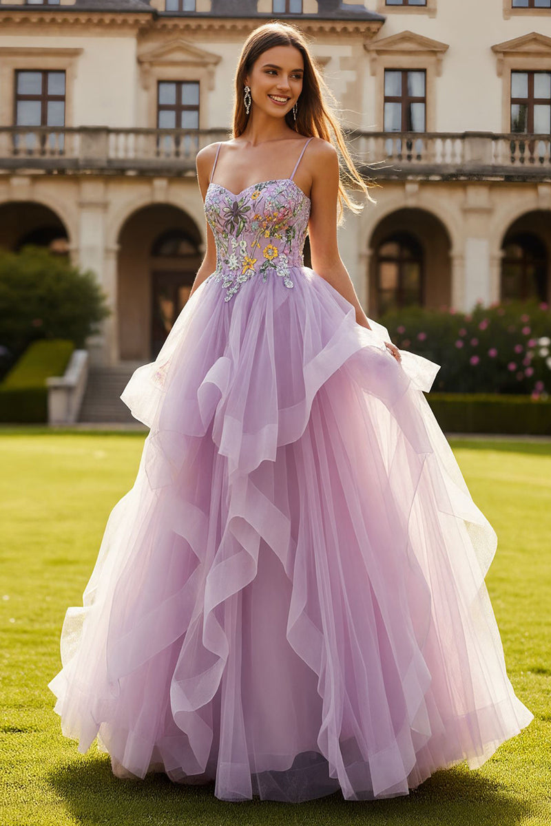 Load image into Gallery viewer, Lilac Floral Tulle Spaghetti Straps Long Prom Dress with Ruffles