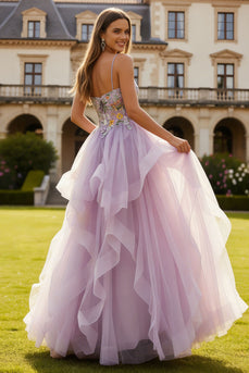 Lilac Floral Tulle Spaghetti Straps Long Prom Dress with Ruffles