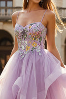Load image into Gallery viewer, Lilac Floral Tulle Spaghetti Straps Long Prom Dress with Ruffles